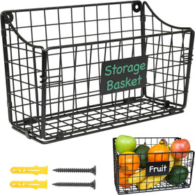 PriZoi wall mount wire basket front view shows sturdy black finish for kitchen storage.