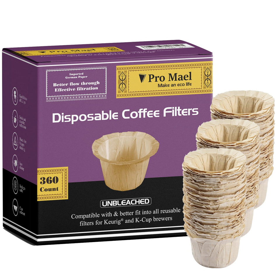 Pro Mael 360-count disposable K Cup filters ready for Keurig 1.0 and 2.0, sediment-free cup.