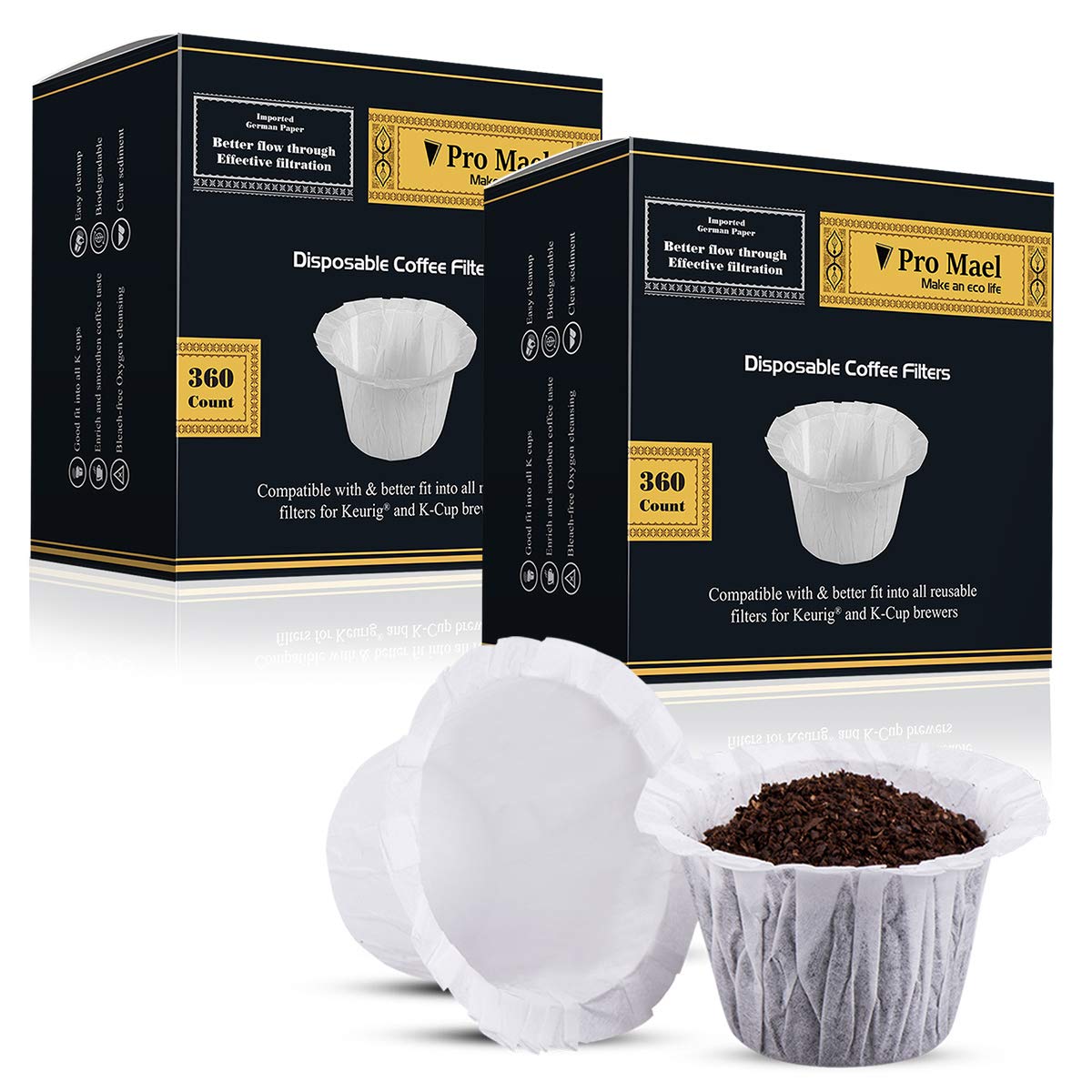 Pro Mael disposable K Cup filter paper shown with Keurig compatibility for easy single-serve brewing.