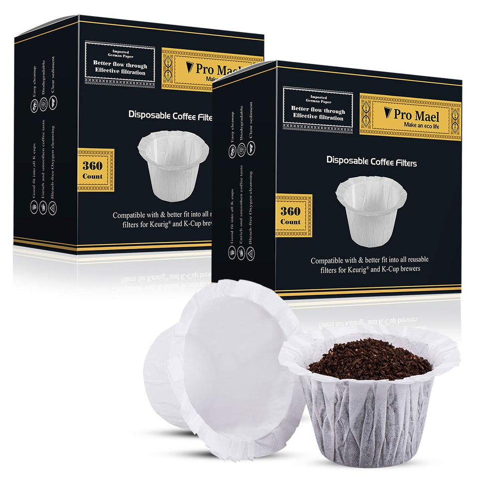 Pro Mael disposable K Cup filter paper shown with Keurig compatibility for easy single-serve brewing.