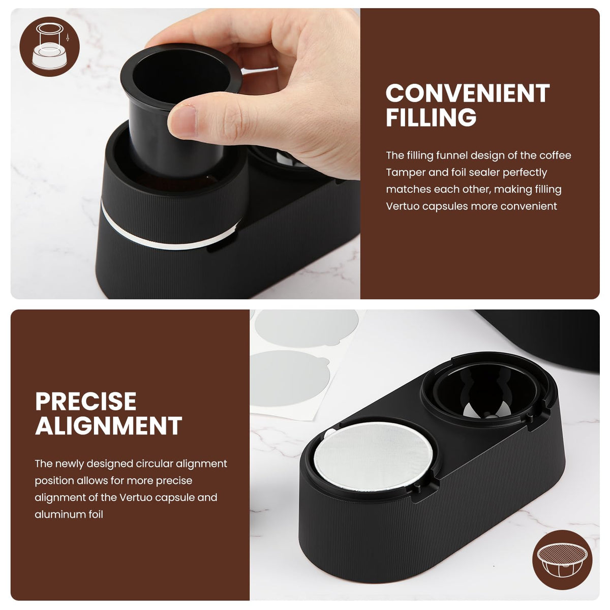 Pro Mael filling funnel guides coffee powder directly into pods with no waste.