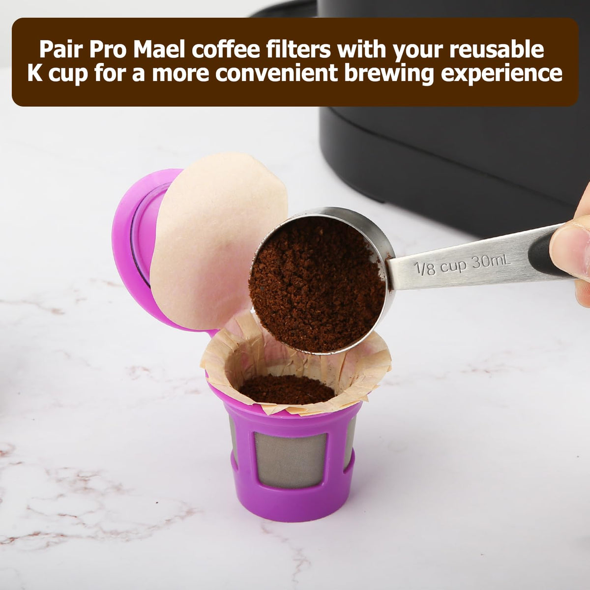 Pro Mael German paper filter highlights thinner flow for smooth brewing.