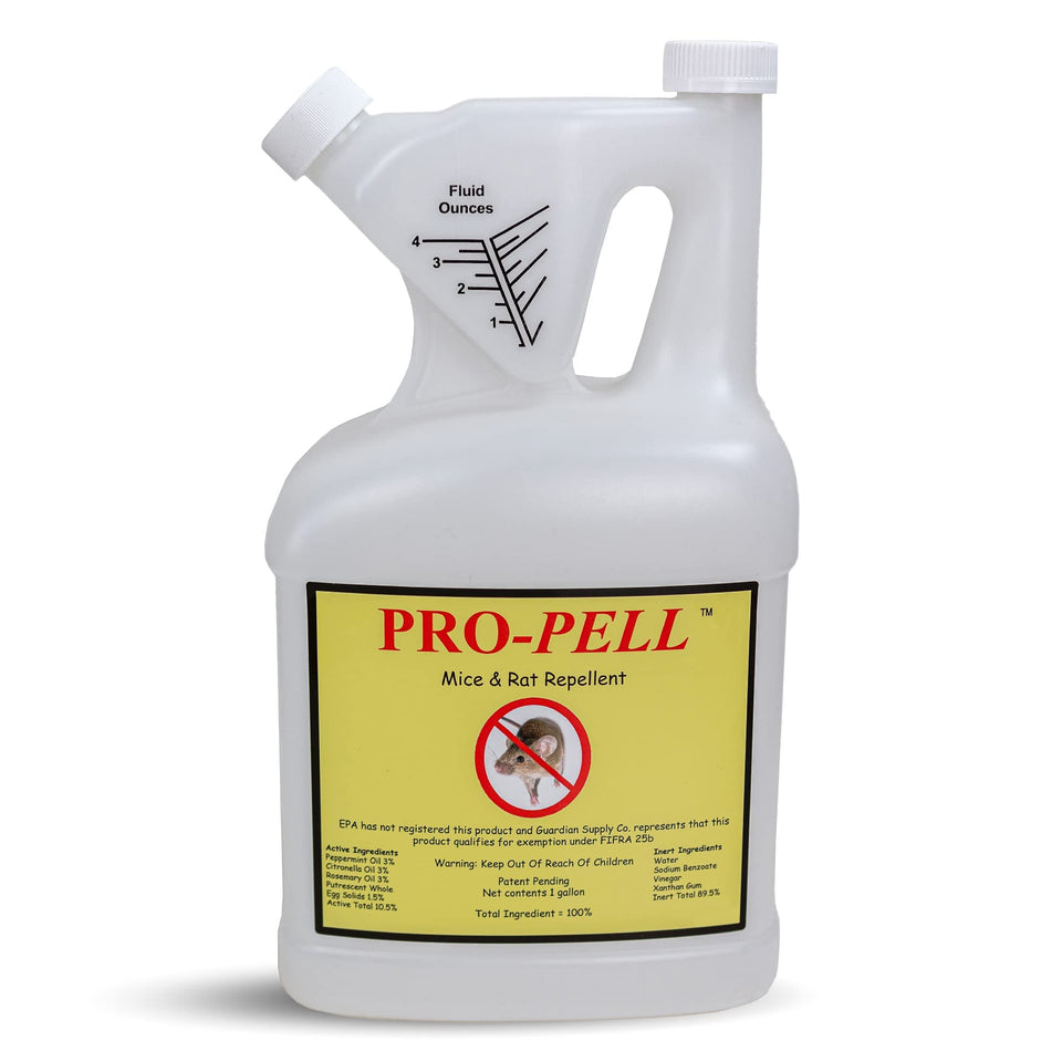 PRO-PELL One Gallon Rodent Repellent bottle close-up showing a natural deterrent for garages.