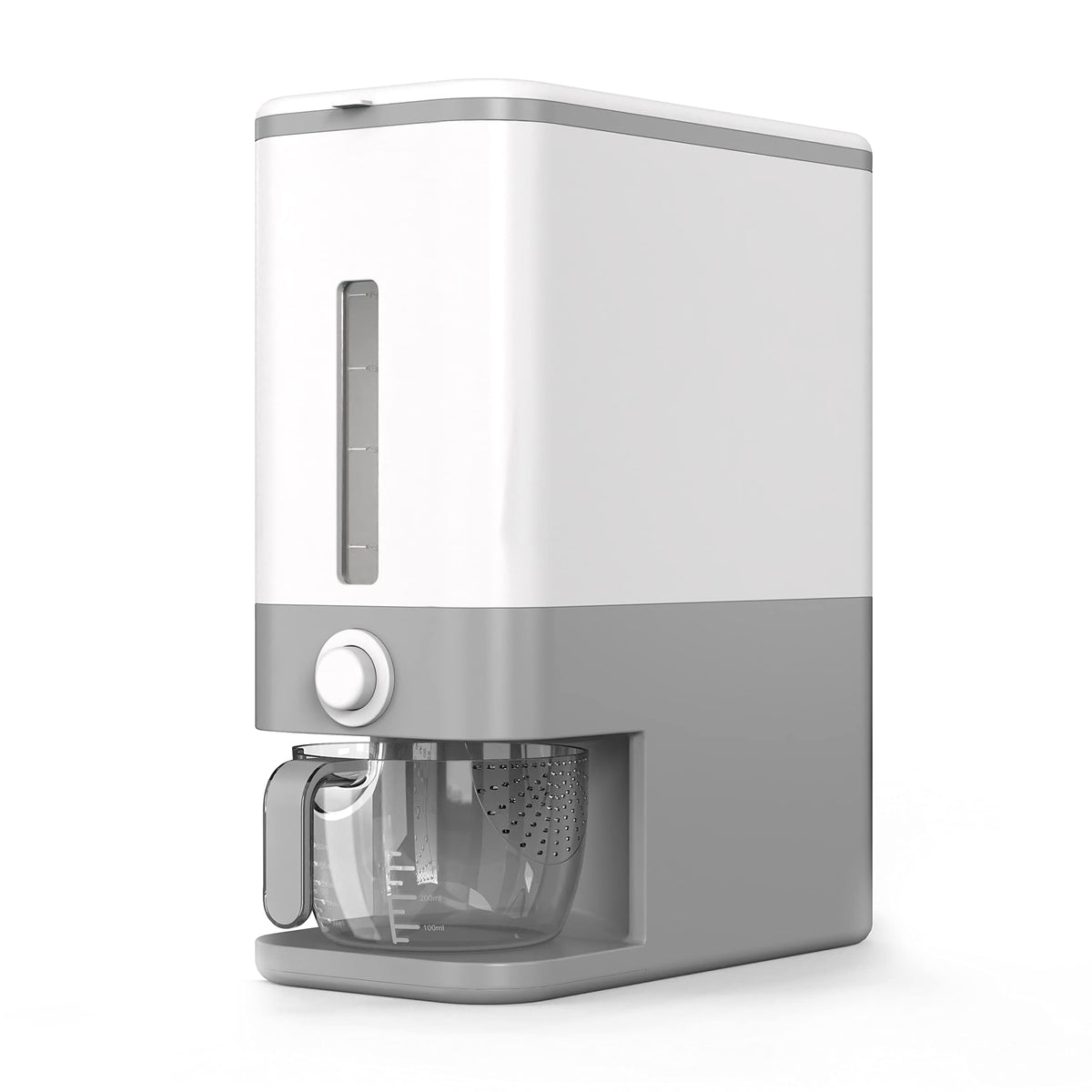 Proarea rice dispenser front view with measuring cup for precise portions.
