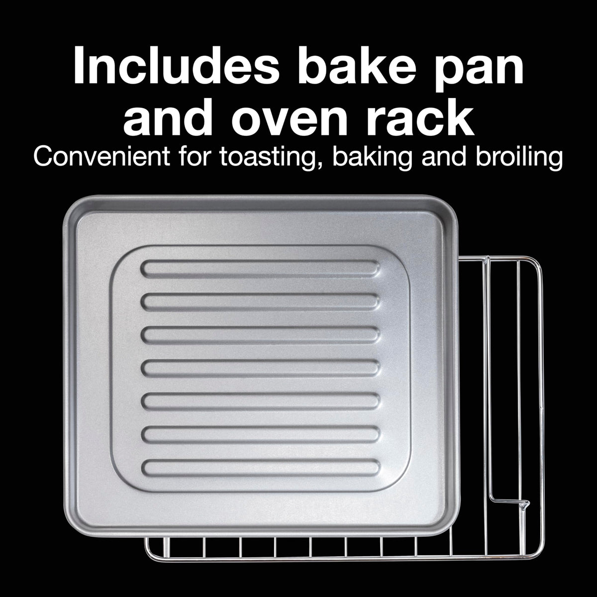 Proctor Silex 4-Slice Toaster Oven bake pan included for baking.