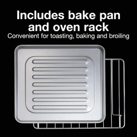 Proctor Silex 4-Slice Toaster Oven bake pan included for baking.