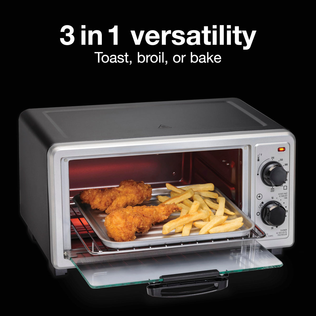 Proctor Silex 4-Slice Toaster Oven broil function demonstrates versatile cooking options.
