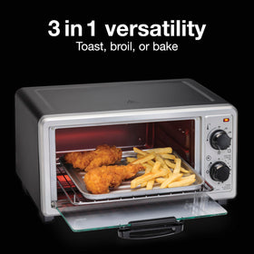 Proctor Silex 4-Slice Toaster Oven broil function demonstrates versatile cooking options.