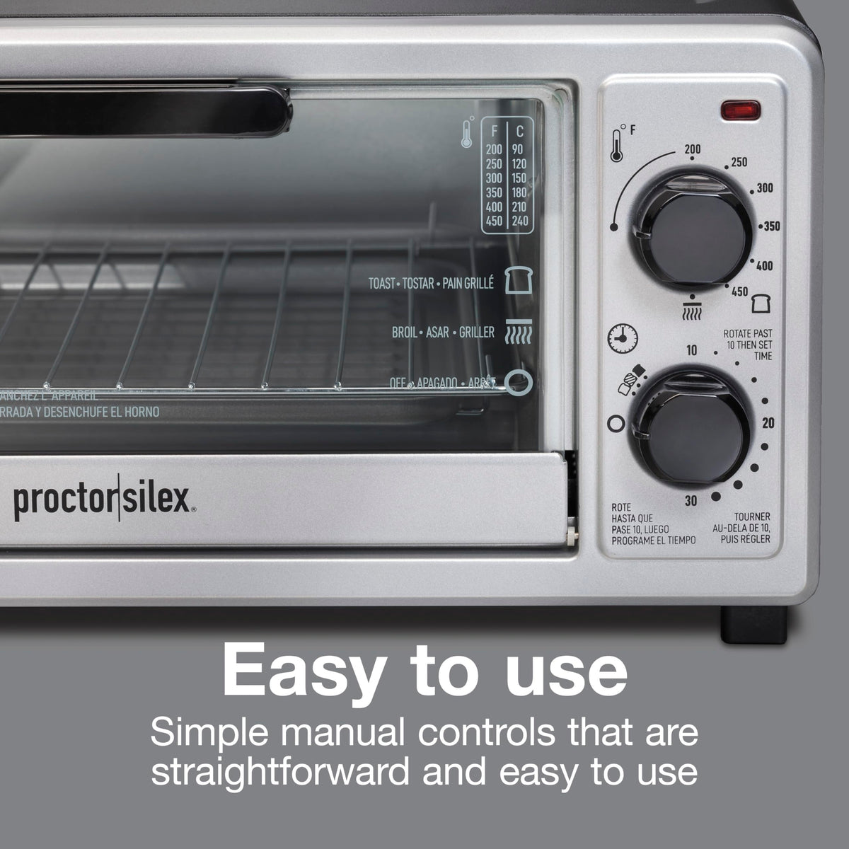 Proctor Silex 4-Slice Toaster Oven control panel emphasizes simple manual settings.