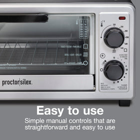Proctor Silex 4-Slice Toaster Oven control panel emphasizes simple manual settings.