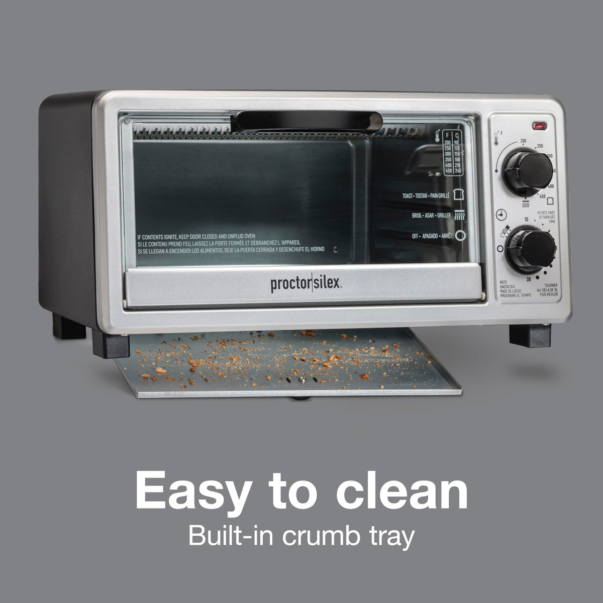 Proctor Silex 4-Slice Toaster Oven crumb tray illustrates easy cleaning.