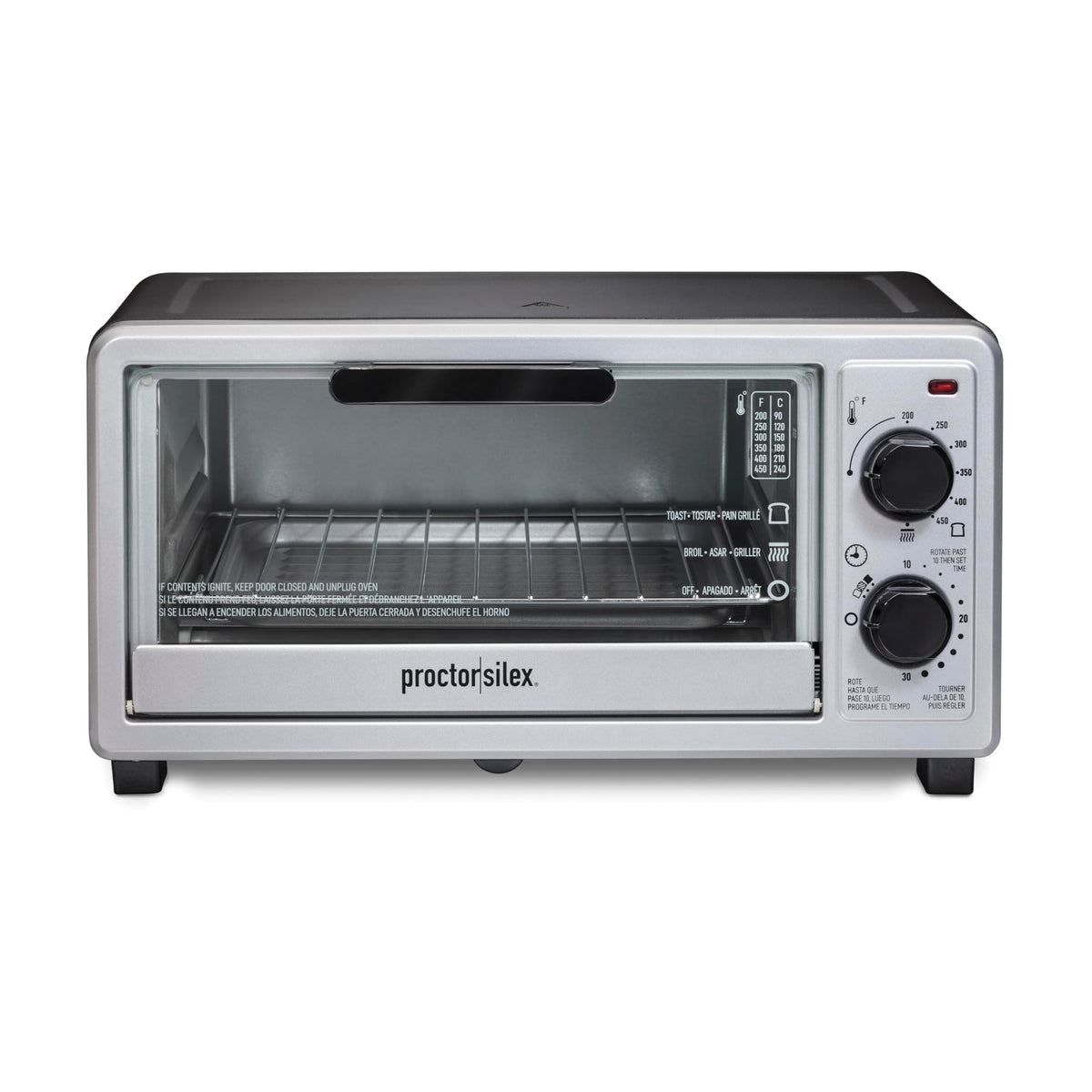 Proctor Silex 4-Slice Toaster Oven front view showing compact countertop design for busy kitchens.