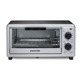 Proctor Silex 4-Slice Toaster Oven front view showing compact countertop design for busy kitchens.