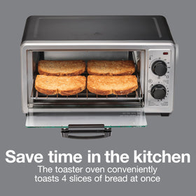 Proctor Silex 4-Slice Toaster Oven inside-pan-rack image with included bake pan and rack.