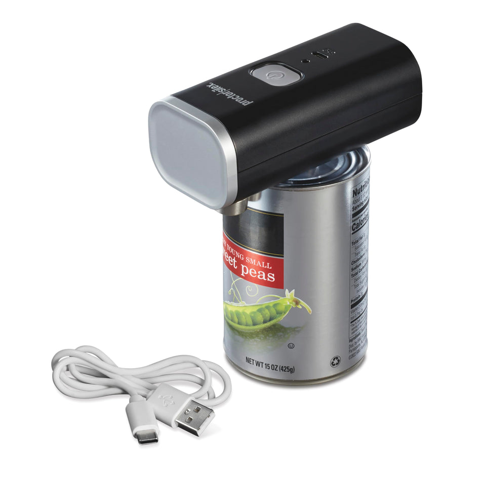 Proctor Silex automatic can-opener on can showing hands-free operation and smooth edges.
