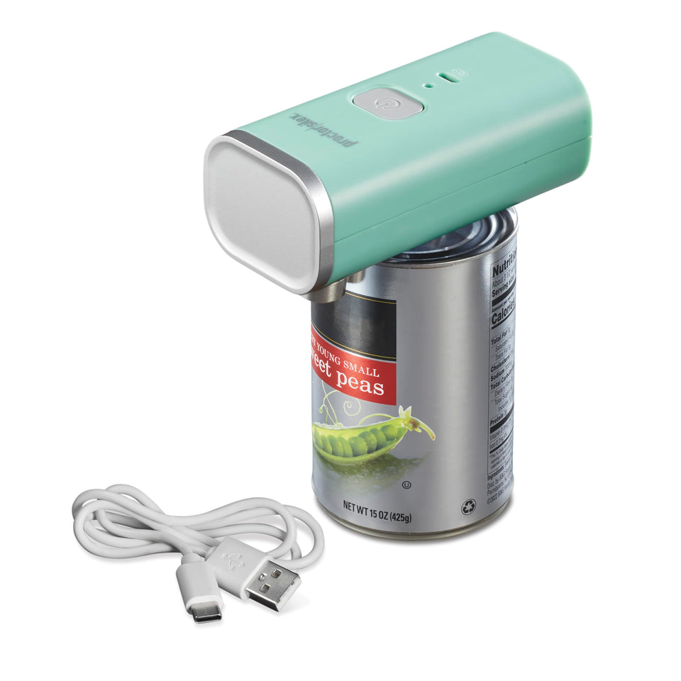 Proctor Silex automatic can opener on the counter showing hands-free operation.