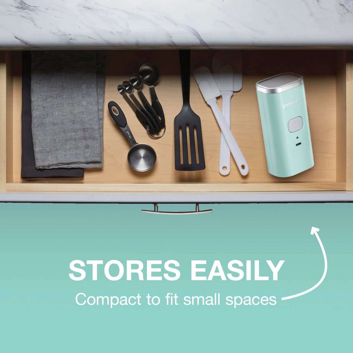 Proctor Silex compact design fits neatly in a kitchen drawer.