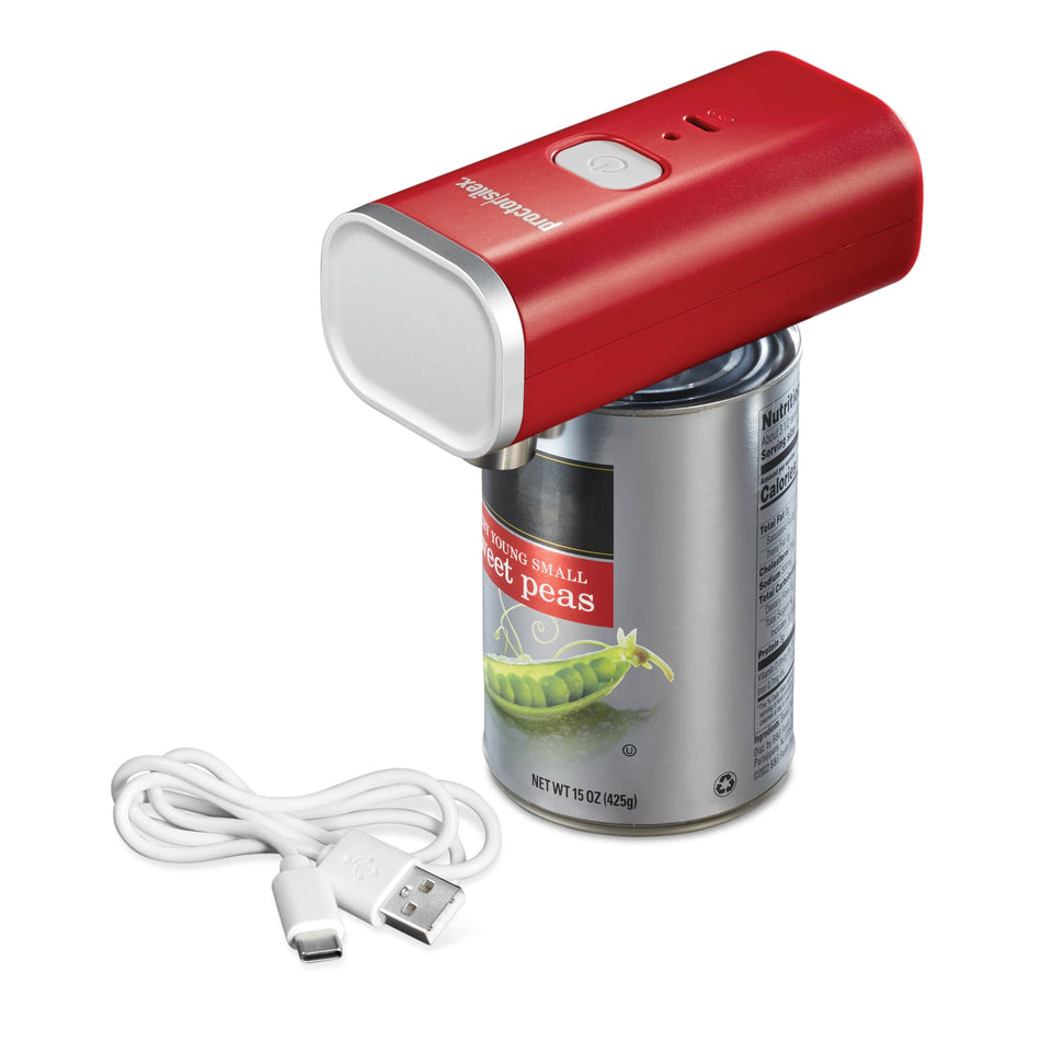 Proctor Silex cordless can opener front view showing compact design and ease of use.
