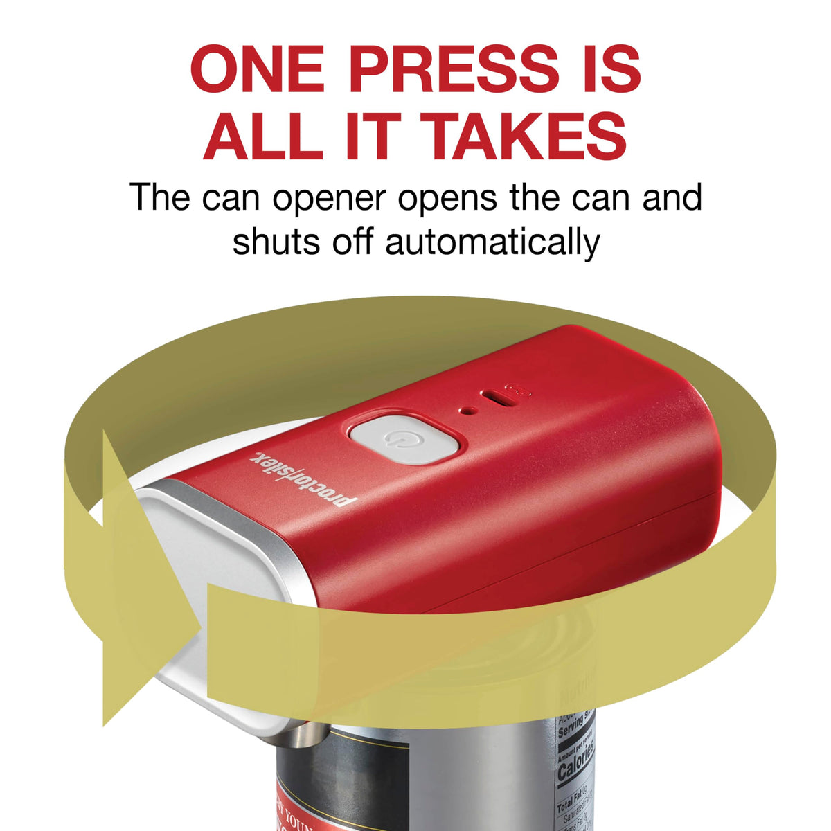 Proctor Silex cordless can opener performing self-aligning cut around a can.