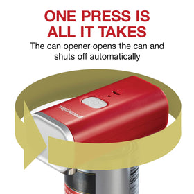 Proctor Silex cordless can opener performing self-aligning cut around a can.