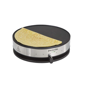 Proctor Silex crepe maker with batter cup in action for paper-thin crepes