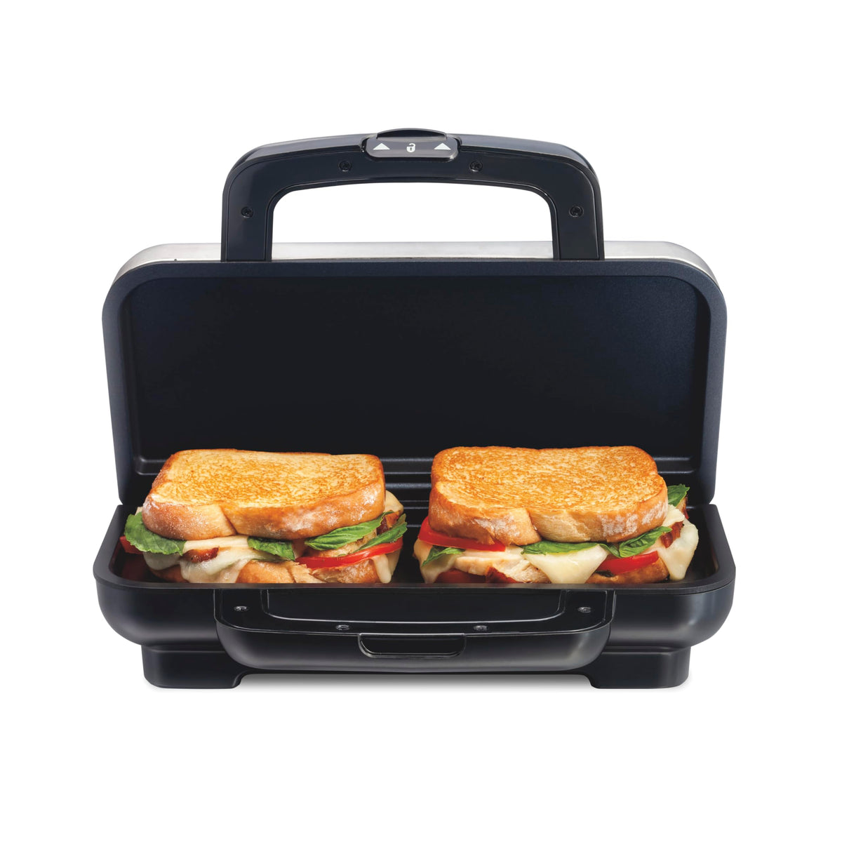 Proctor Silex Deluxe Sandwich Maker front view with compact stainless steel housing