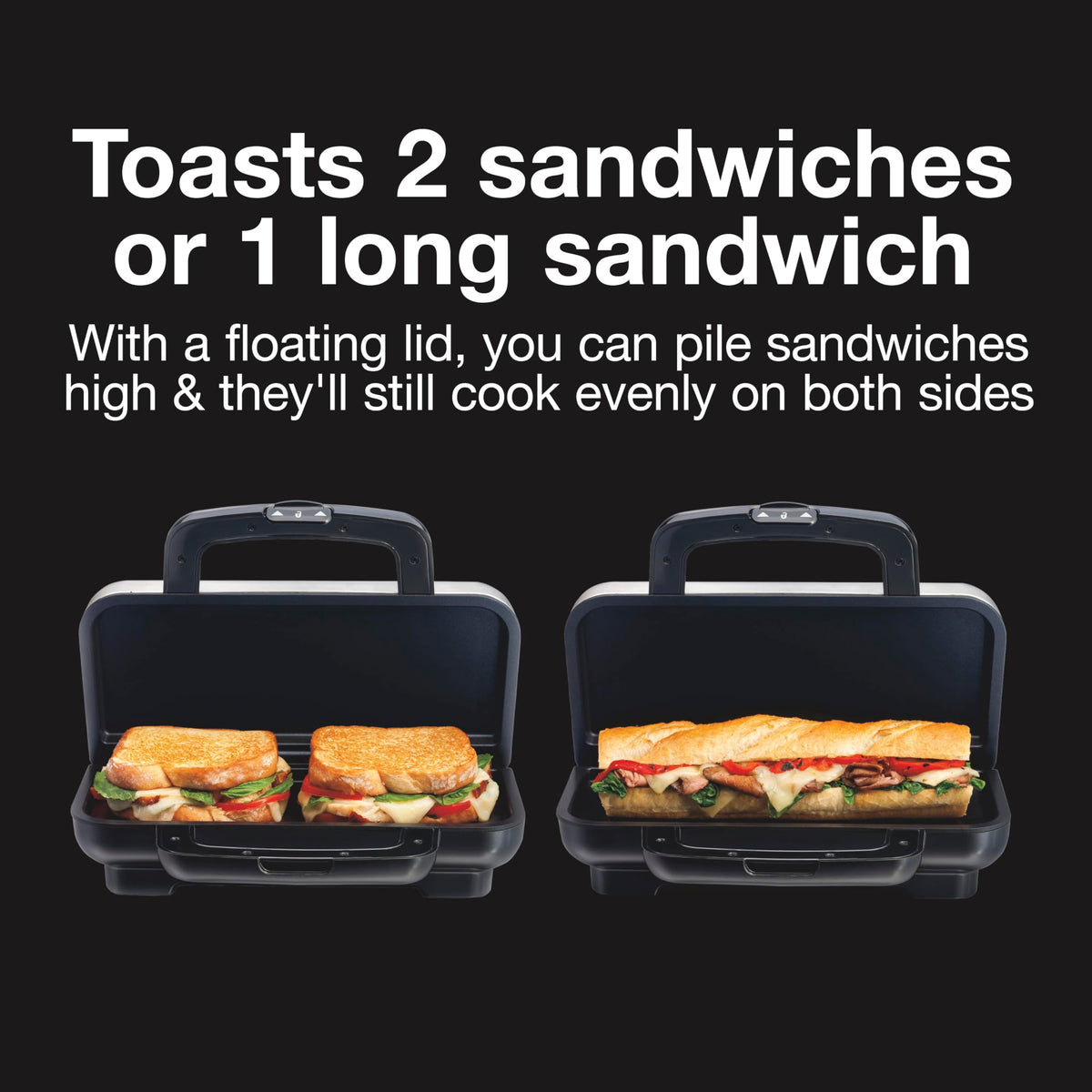 Proctor Silex Deluxe pressing action seals two sandwiches evenly