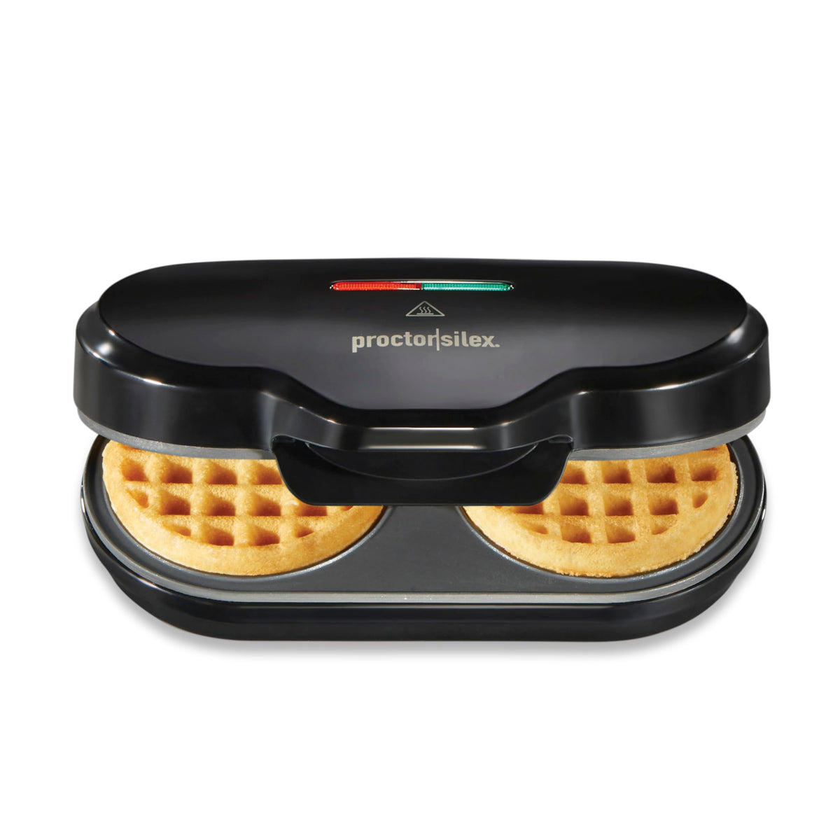 Proctor Silex Double Mini Waffle Maker with 4-inch nonstick grids on the counter
