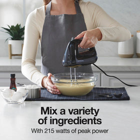 Proctor Silex Easy Mix delivers 215 watts for thorough batter blending.