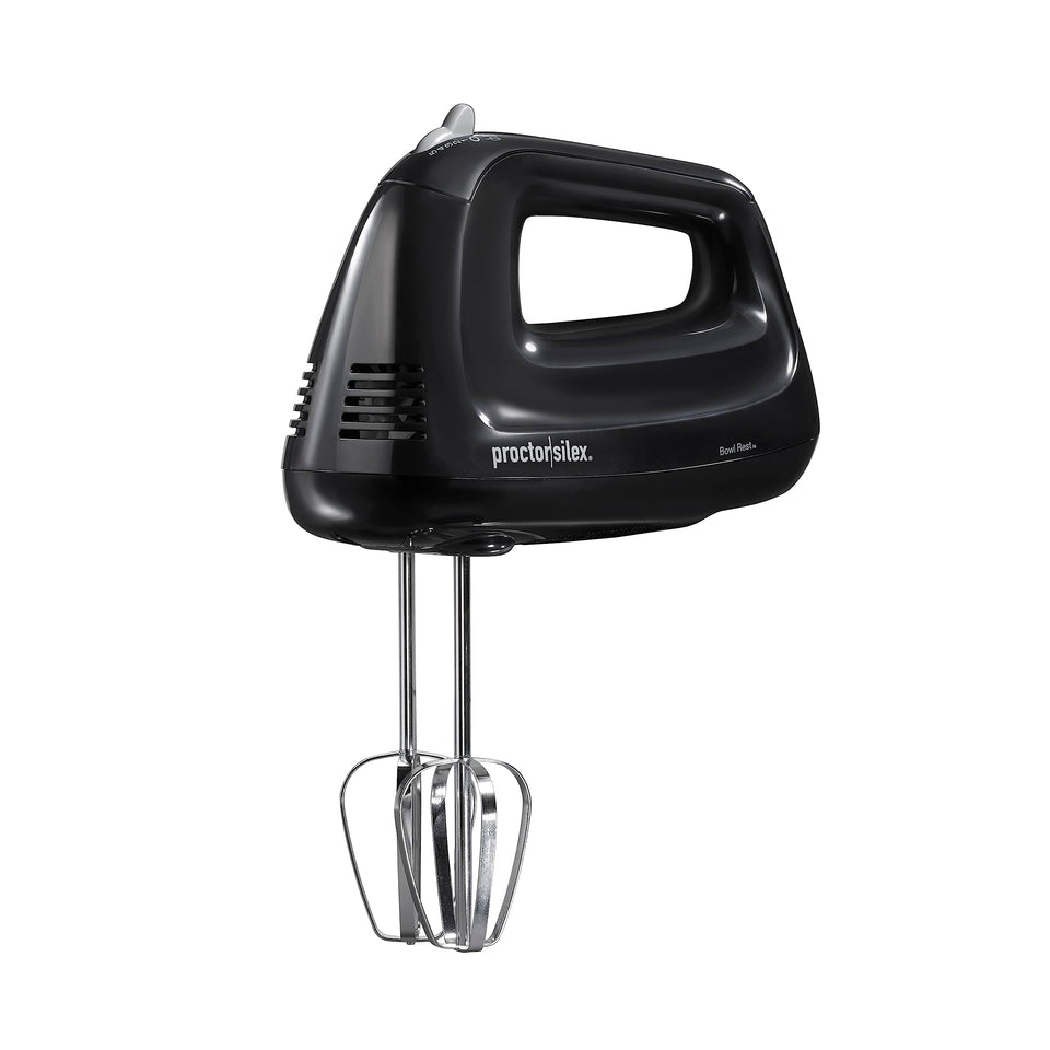 Proctor Silex Easy Mix 5 speed with bowl rest on edge for steady mixing.