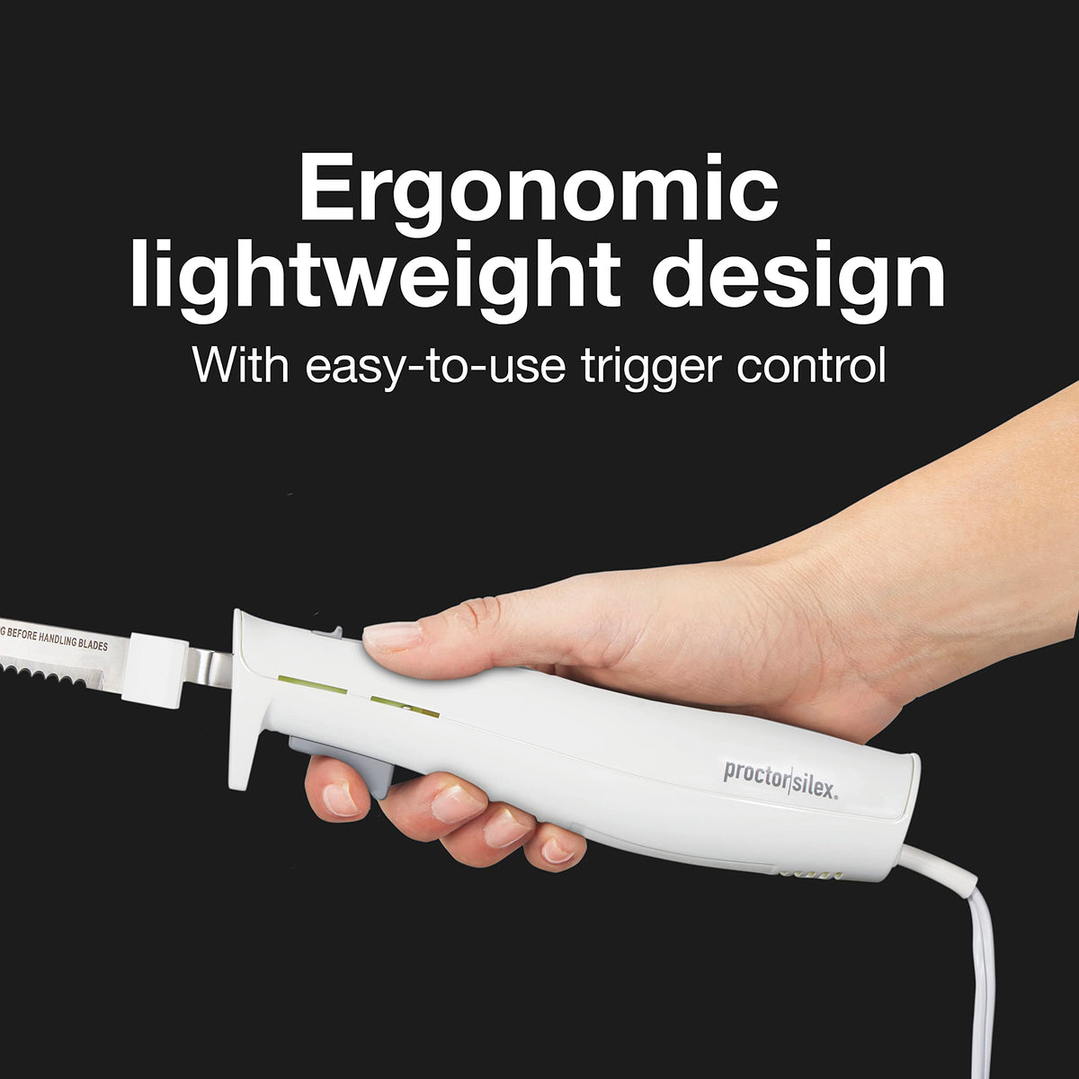 Proctor Silex Easy Slice ergonomic grip for comfortable handling.