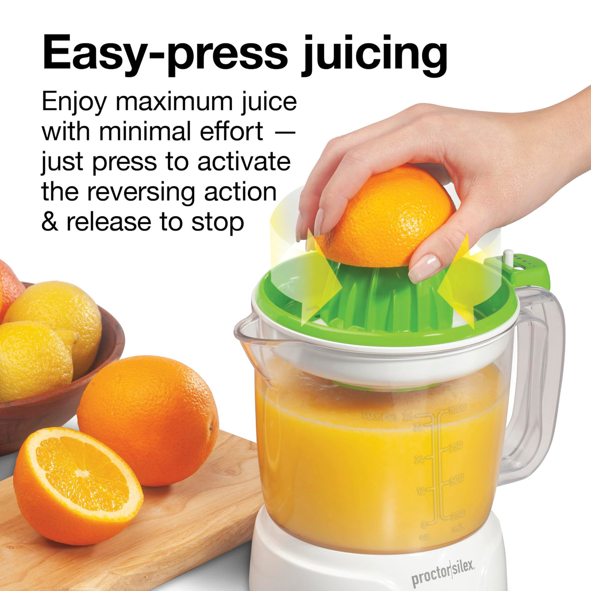 Proctor Silex juicer large reamer handles bigger fruit with ease.