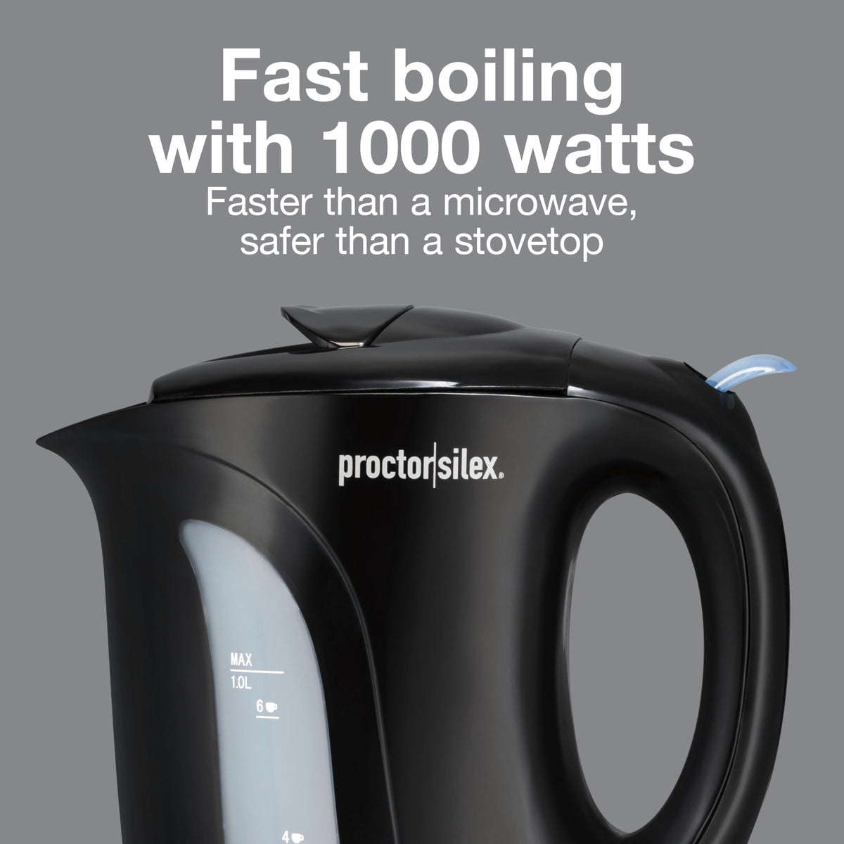 Proctor Silex K2071PS 1000-watt fast boil for hot beverages.