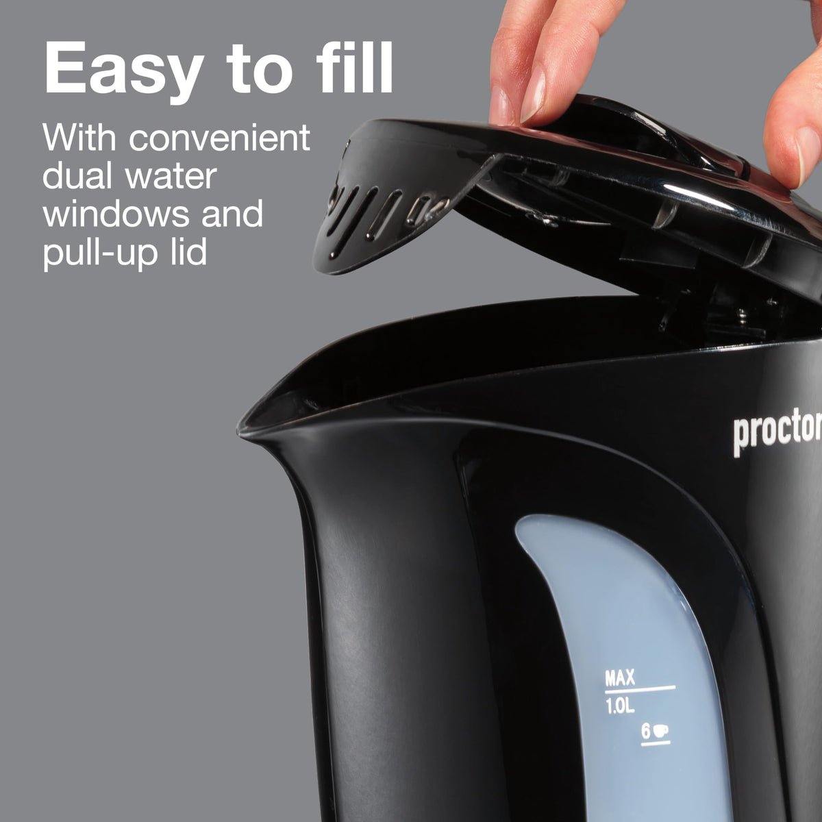Proctor Silex K2071PS kettle with pull-up lid for easy refilling.