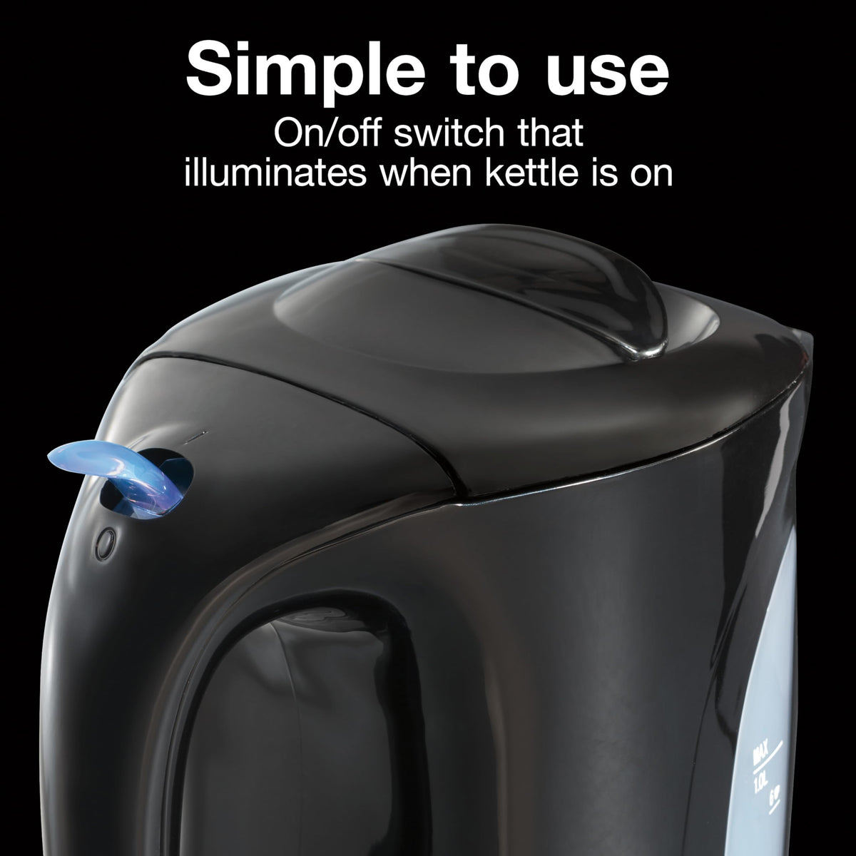 Proctor Silex K2071PS kettle with illuminated on/off switch for status check.