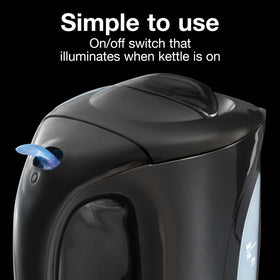 Proctor Silex K2071PS kettle with illuminated on/off switch for status check.