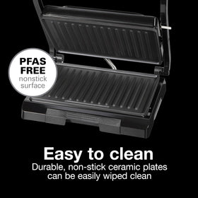 Proctor Silex Panini Press open lid demonstrating even pressing for thick sandwiches