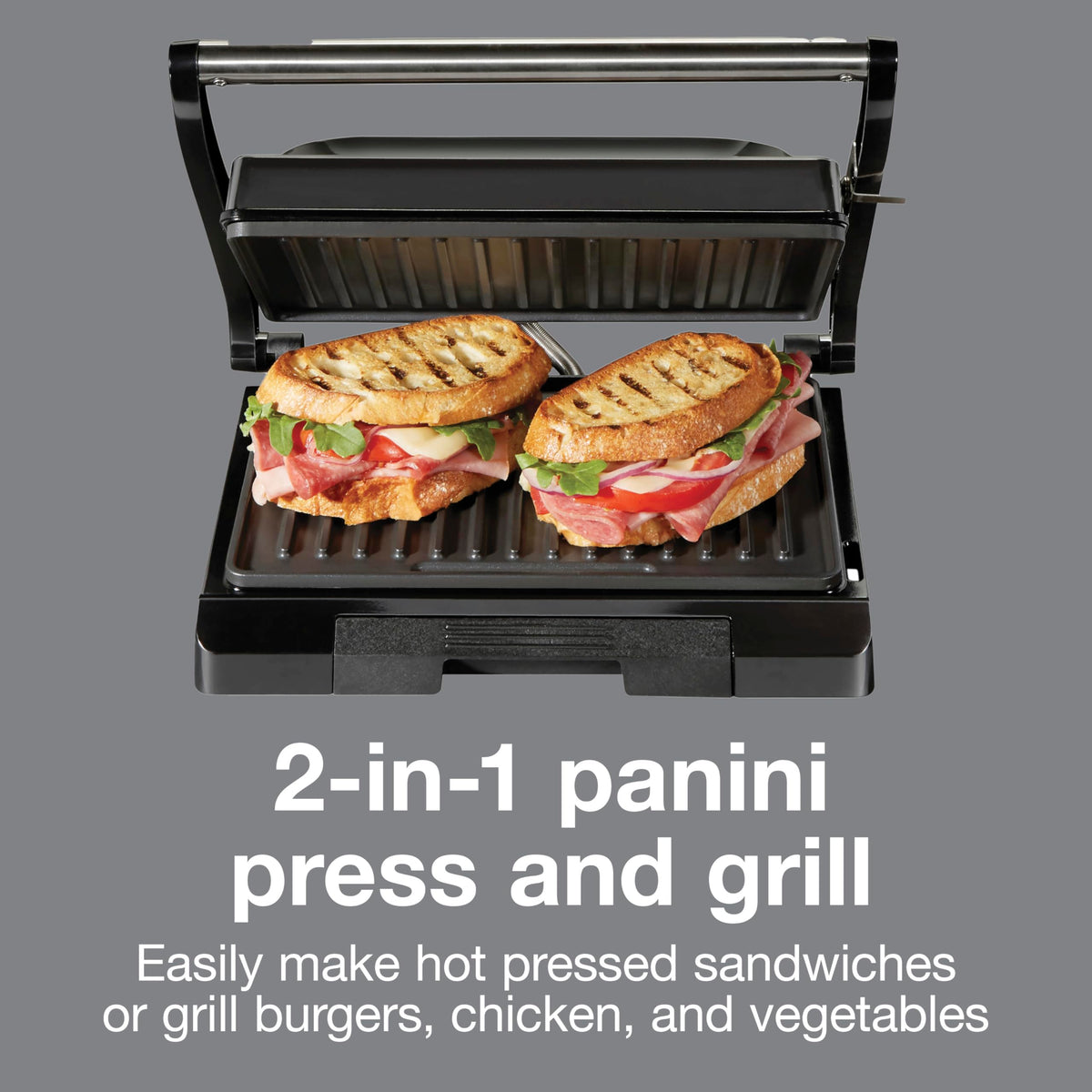 Proctor Silex Panini Press with a ready-to-serve sandwich showing even browning