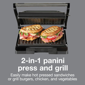 Proctor Silex Panini Press with a ready-to-serve sandwich showing even browning