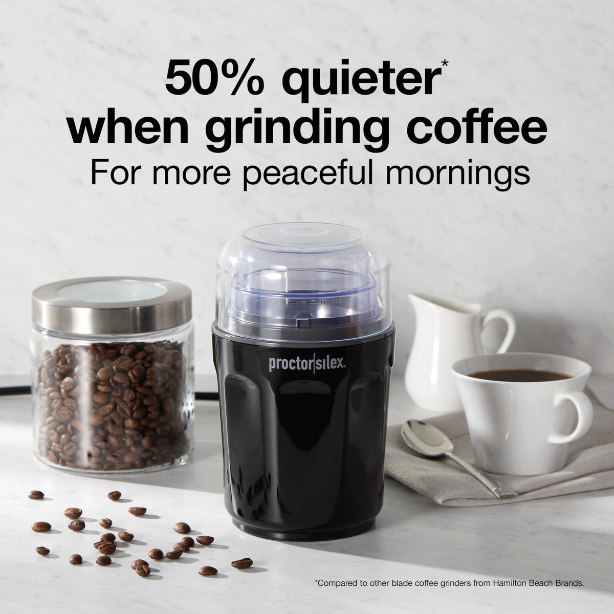 Proctor Silex grinder with removable bowl for easy filling and cleanup.