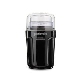 Proctor Silex Sound Shield grinder, front view in black for quiet mornings.