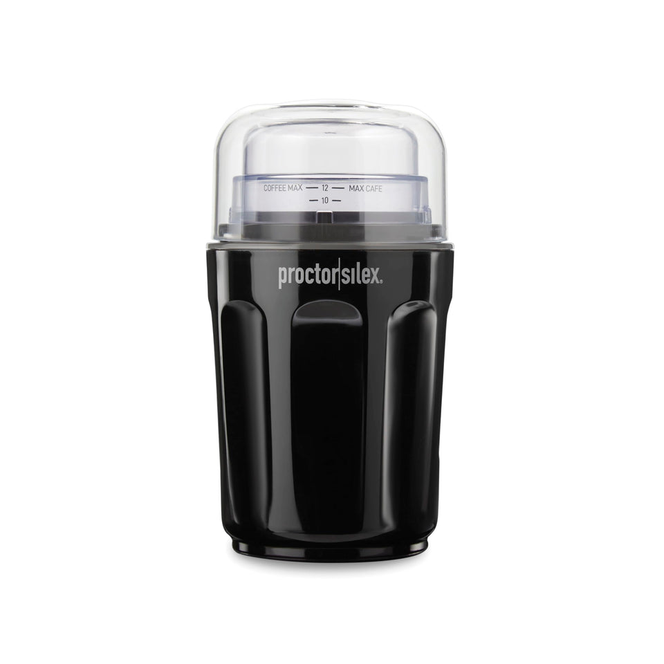 Proctor Silex Sound Shield grinder, front view in black for quiet mornings.