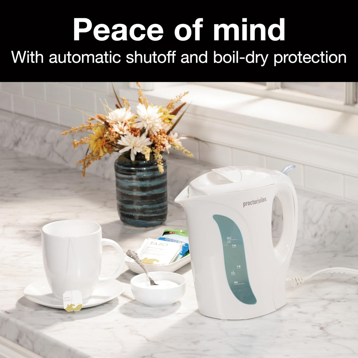 Proctor Silex kettle 1 liter capacity with boil-dry protection.