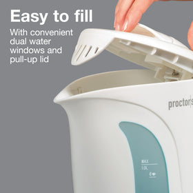 Proctor Silex kettle shows water level from both sides.