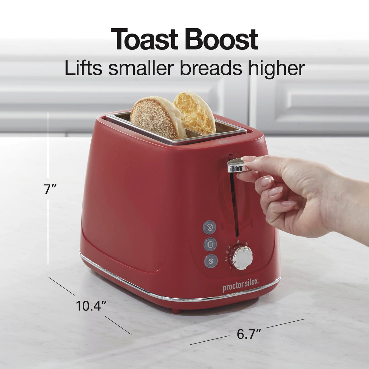 Proctor Silex slide-out crumb tray keeps counters clean after toasting.