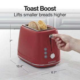 Proctor Silex slide-out crumb tray keeps counters clean after toasting.