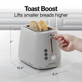 Proctor Silex toaster slide-out crumb tray simplifies cleanup after toasting.