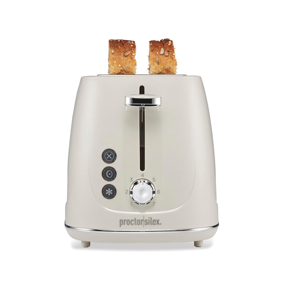 Proctor Silex 2-Slice Toaster wide slots for even browning of thick breads.