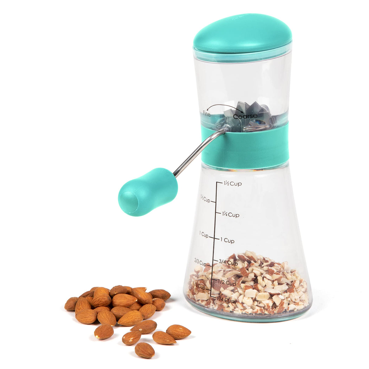 Progressive Nut Chopper shows turn-handle direction for easy fine to coarse grinding.