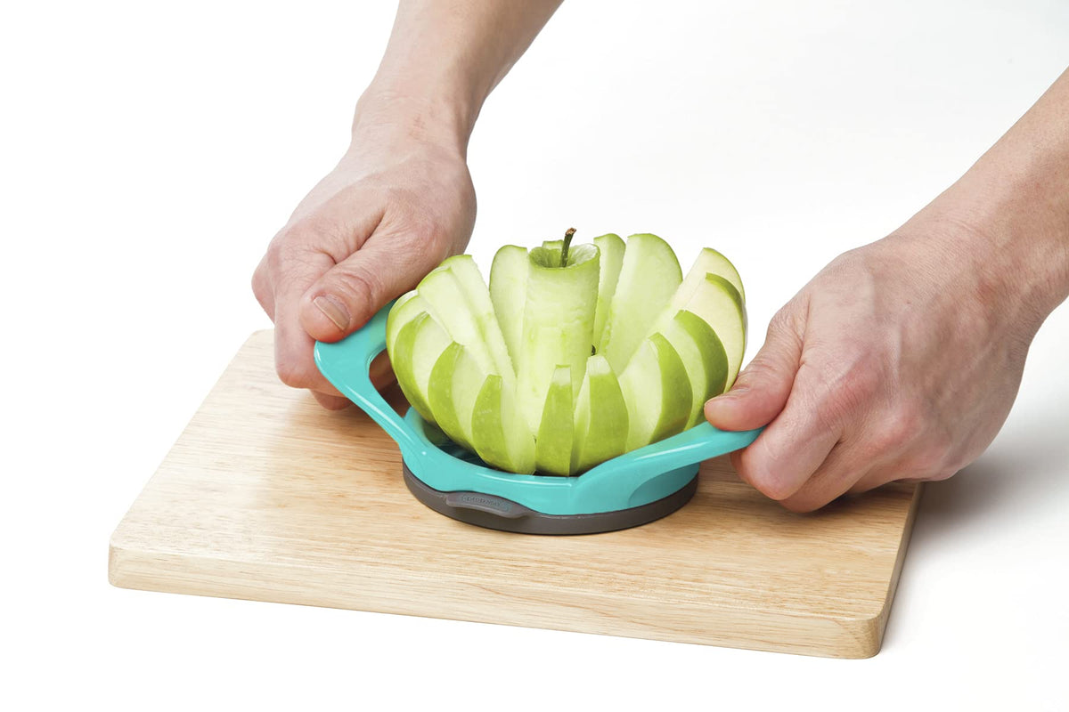 Dishwasher-safe turquoise PrepWorks apple slicer for easy cleaning